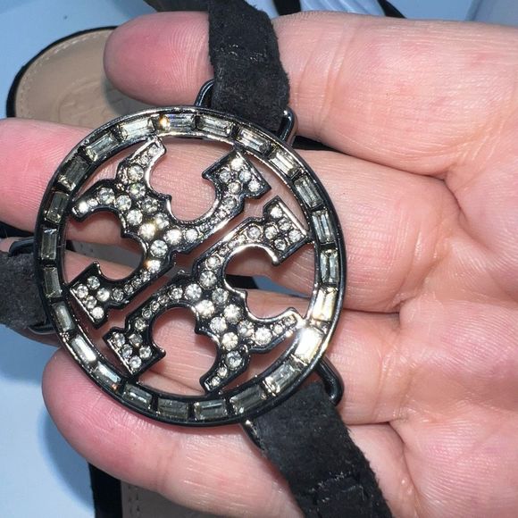 Tory Burch Suede T Strap Rhinestone Logo Sandals - Picture 12 of 15